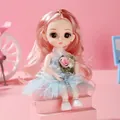Sweet BJD doll in light blue lace dress with long pink curly hair on pink stairs - Blue Princess Dress Girl