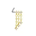 Piercing de nez en L argenté avec trois chaînes dorées pendantes ornées de zircons clairs - Triple Chaîne à Pompon Or (24051004-9)