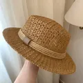 Handmade woven straw hat in light brown with decorative leather buckle and hemp rope - Sg7063 Khaki / One Size Fits All (54-59cm)