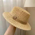 Handmade straw sun hat in beige with brown rope band and leather buckle detail - Retro Casual Straw Hat (SG7063 Beige)