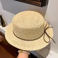 Handmade beige straw boater hat with coffee ribbon and bow for summer sun protection - Natural Simple Straw Hat (SG7133 Beige)