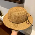 Handmade flat top straw hat in natural brown with ribbon bow for summer sun protection - Natural Simple Straw Hat (SG7133 Khaki)