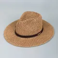 Handwoven straw sun hat with a brown leather decorative band and flat brim in camel - Sg7142 Khaki / One Size Fits All (54-59cm)