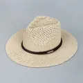 Beige handmade straw sun hat with brown leather band and small gold metal logo - Sg7142 Beige / One Size Fits All (54-59cm)