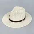 Beige flat top woven straw hat featuring a dark brown leather band with a gold metal plate - Sg7142 Milk White / One Size Fits All (54-59cm)
