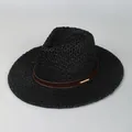 Handcrafted black straw boater hat with brown leather band and gold metal logo - Sg7142 Black / One Size Fits All (54-59cm)