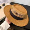 Handmade flat top straw hat with wide black ribbon for sun protection and summer vacations - Retro Minimalist Boater Hat (SG7144 Black Band)