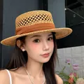 Handcrafted straw hat in natural tan with brown silk ribbon and flat top design - Sg7144 Coffee Belt / One Size Fits All (54-59cm)