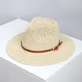 Beige woven straw boater hat with a dark brown leather band and gold buckle detail - Sg7145 Beige / One Size Fits All (54-59cm)