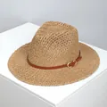 Handmade straw sun hat in light khaki with a brown leather band and gold buckle - Sg7145 Khaki / One Size Fits All (54-59cm)