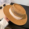 Classic straw boater hat with cream ribbon trim and elegant flat top weave design - Sg7144 Meter Belt / One Size Fits All (54-59cm)