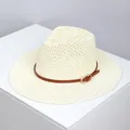 Beige woven straw boater hat featuring a brown faux leather band and golden oval buckle - Milky White Fedora with Belt Decor (SG7145)