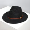 Classic black straw boater hat featuring a slim brown leather band and gold buckle - Sg7145 Black / One Size Fits All (54-59cm)