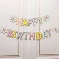 Macaron pastel Happy Birthday banner with gold edges and daisy flower decorations - Ins Style Floral Macaron Birthday Banner