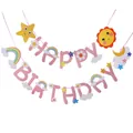 Pink Macaron Happy Birthday banner with gold foil letters and rainbow cartoon icons - Pink Cloud Garland