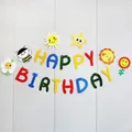Colorful macaron Happy Birthday banner with cartoon sun and flower decorations - Smiling Sun Flower