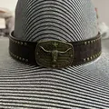 Cowboy hat featuring a leather strap with a vintage bull head and stars metal buckle - 56-58cm / Silver and Black Woven Hat with Vintage Metal Bull Head Buckle (AB321)