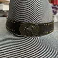Retro brown embossed leather hat band with brass studs and horse emblem buckle - 56-58cm / Dark Brown Leather Rivet with Galloping Horse Buckle Decorative Band (AB320)
