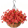 Detail of hanging basket featuring red artificial petunias and coconut coir liner - B047