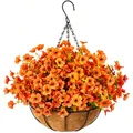 Detail view of artificial orange petunias in a coconut fiber basket with metal chain - B048