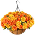 Detail of hanging basket with faux orange marigolds, coconut liner and iron chain - Mixed Orange Yellow
