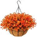 Detail of hanging basket with orange silk flowers and coco fiber liner on white background - Orange