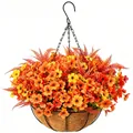 Close-up of artificial orange violet flowers in a coconut liner iron hanging basket - Orange Yellow