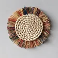 Bohemian round raffia wall decor with beige, red and blue fringe tassels style - Colorful Patchwork Tassel Style (18cm)