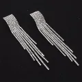 Detail view of silver long fringe earrings with multi-row white rhinestones - Silver Square