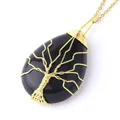 Handcrafted tree of life necklace with black onyx teardrop stone and golden wire wrap - Black Agate Gold Necklace
