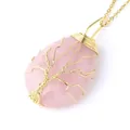 Handmade wire wrapped rose quartz tree of life teardrop pendant necklace in gold - Rose Quartz Gold Necklace