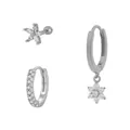 Three-piece silver earrings set with floral studs and zircon paved hoop earrings - Silver
