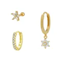 24K gold plated earring set featuring zircon flower studs and hoop earrings - Combination Set (Five-Petal Flower Studs/Zirconia Hoops/Flower Cluster Pendant Earrings) / Gold
