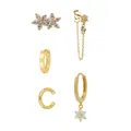 24K gold plated earring set with white zircon flowers and C-shape ear cuff jewelry - Gold