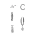 5-piece silver color jewelry set with cubic zirconia featuring studs and cuffs - Combination Set (Three-Petal Flower Studs/C-Shaped Ear Cuff/Triple Zirconia Hoops/Flower Pendant Hoops/Crystal Huggies) / Silver