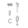 Five-piece silver finish earring set featuring snowflake studs and zirconia hoop earrings - Combination Set (Flower Cluster Studs/Star Chain Studs/Hoop Huggies/Flower Pendant Earrings/C-Shaped Ear Cuff) / Silver