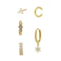 5-piece 24K gold plated earring set with clover stud and zircon hoops for women - Combination Set (Three-Petal Flower Studs/C-Shaped Ear Cuff/Triple Zirconia Hoops/Flower Pendant Hoops/Crystal Huggies) / Gold