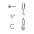 Five-piece silver finish earring set with heart, flower, and cubic zirconia studs - Combination Set (Ball Studs/Five-Petal Flower Studs/Smooth C-Shaped Hoops/Flower Pendant Earrings/Heart Pendant Earrings) / Silver