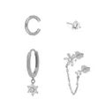 Silver jewelry set with zircon including floral stud, ear cuff and chain earring - Silver