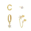 24K gold plated earring set with zircon floral stud, chain link and C-shaped ear cuff - Combination Set (C-Shaped Ear Cuff/Round Zirconia Studs/Flower Pendant Huggies/Chain-Link Double Piercing Earrings) / Gold