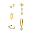 5-piece 24K gold plated earring set with star charms and sparkling zircon stones - Combination Set (Octagram Star Studs/Star Pendant Earrings/Smooth Hoops/Flower Pendant Hoops/Zirconia Pave Ear Cuff) / Gold