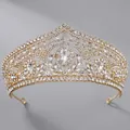 Corona da sposa barocca in lega dorata con strass trasparenti e cristalli a goccia - Base Oro KC + Strass Bianco