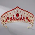 Luxury Baroque bridal tiara with golden base and teardrop red crystals and rhinestones - KC Gold Base + Red Rhinestone