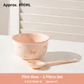 Cute pink ceramic dinnerware set with a 400ml bow pattern bowl and matching spoon - Bowknot Bowl and Spoon Set / 1 Bowl + 1 Spoon Set (4.5 Inch) / Pink