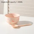 Cute pink ceramic dinnerware set with a 400ml bow pattern bowl and matching spoon - 4.5 Inch Bowl + Twisted Spoon - Pink Bow - 1 Set