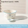 Cute ceramic bowl set with blue bow print and matching spoon, 400ml capacity - 4.5 Inch Bowl + Twisted Spoon - Snow White Bow - 1 Set