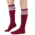Three-stripe knee-high burgundy red cotton socks in sporty athletic college style - One Size / Angola Red/White Stripes