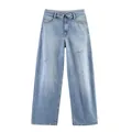 Jean femme bleu clair à jambe large avec taille asymétrique et détails déchirés - XS / Bleu Clair avec de petites déchirures