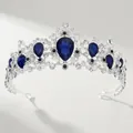 Vintage Barock-Brauttiara in Silber mit tropfenförmigem blauem Kristall und Strass - Silber/Blauer Zirkonia