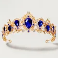 Vintage baroque wedding crown in gold finish with large teardrop blue gemstones - Gold Plated Blue Zirconia